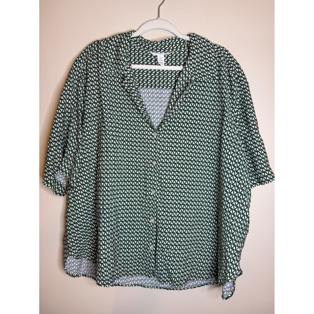 H&M Womens XXL Green Gorpcore Geometric Button Up Eclectic Grandpa Long Sleeve